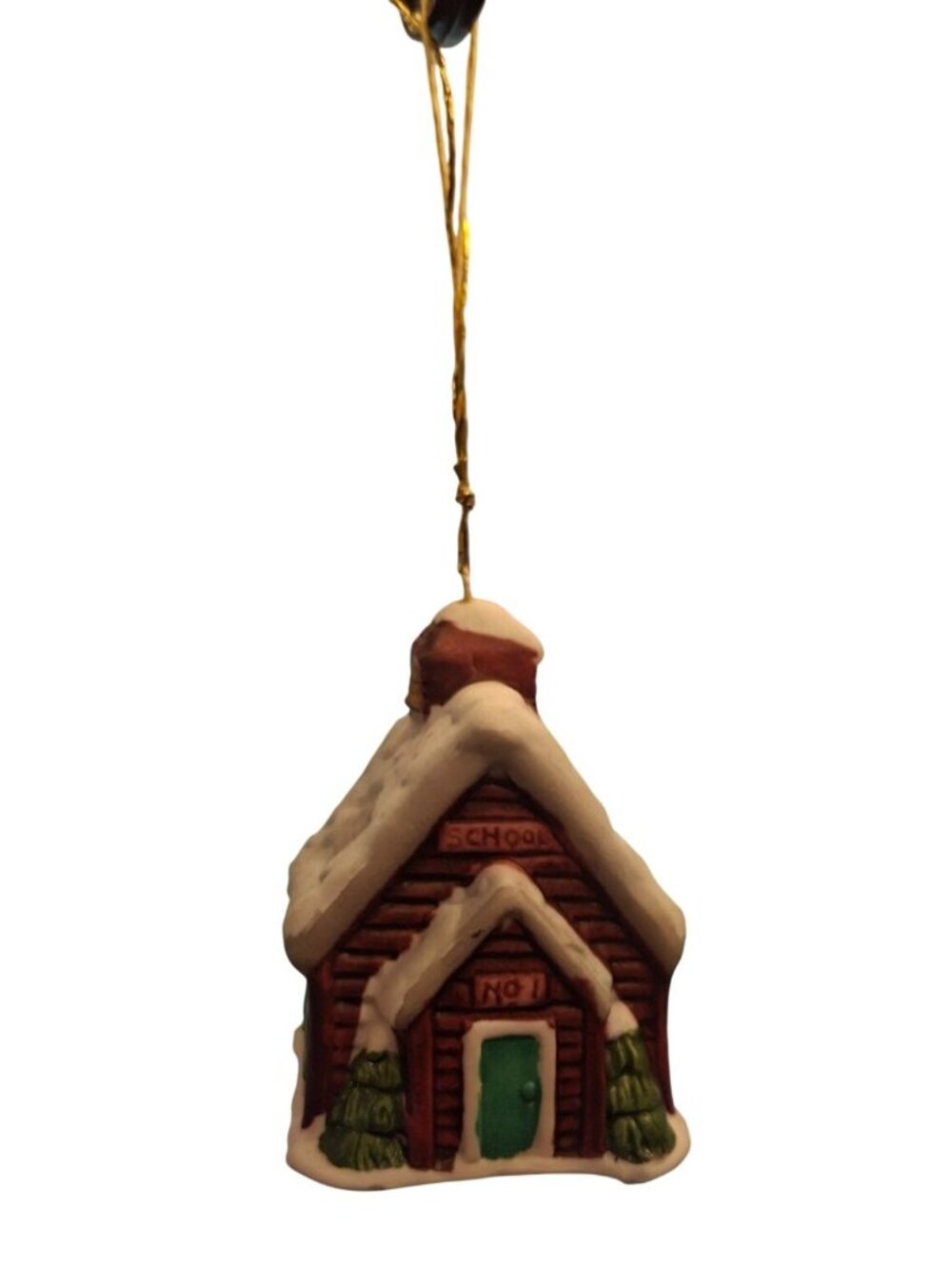 Vintage Ceramic Schoolhouse Christmas Ornament Red School House Snow Village 3"